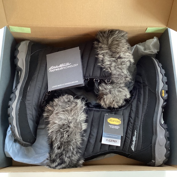 Eddie Bauer Women’s Microtherm II Tall Winter Black Boots Faux Fur Trim Laces - Picture 14 of 15